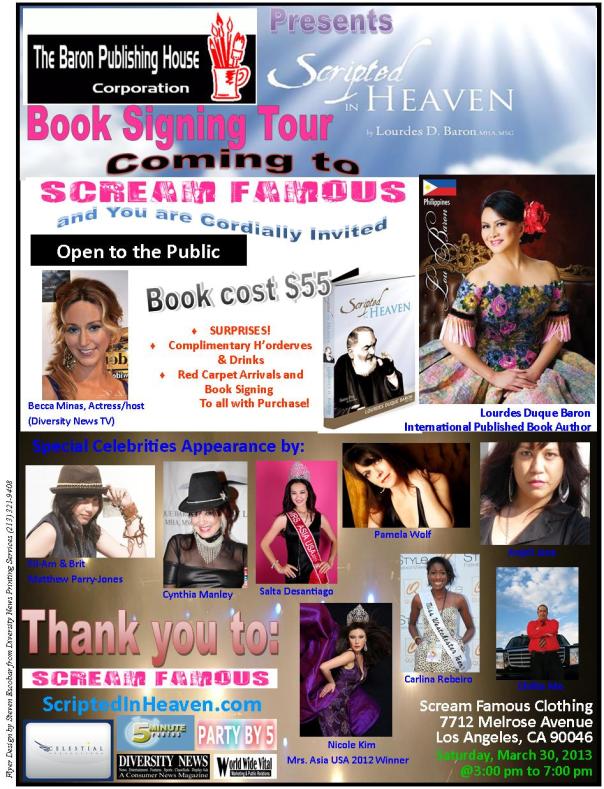 Book Signing Tour of Scripted In Heaven by Author Lourdes Duque Baron at Scream Famous Clothing Store 3-30-2013 from 3 pm to 7 pm - final flyer